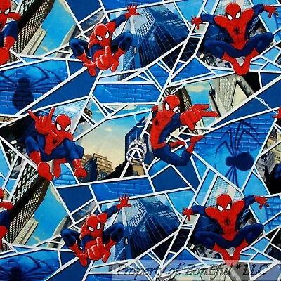 Buy BonEful Fabric FQ Cotton Quilt Blue White Red Spiderman Super Hero Glass City US • 5.10£