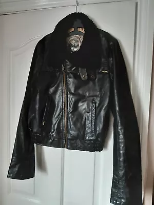 Buy Billabong Ladies 100% Black Leather Bomber Jacket 50s Rockabilly Size 10 To 12 • 20£