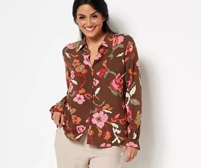 Buy Denim & Co. Canyon Retreat Floral Button Front Shirt Women's Size 2X Chocolate • 17.84£