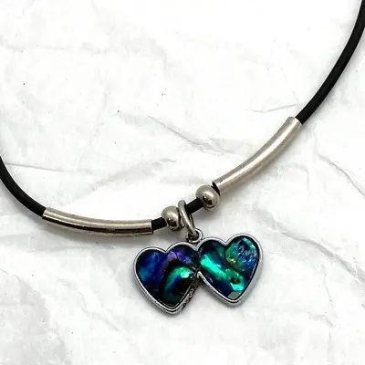 Buy Abalone Double Heart Pendant Necklace Black Cord Chain Costume Jewellery • 9£