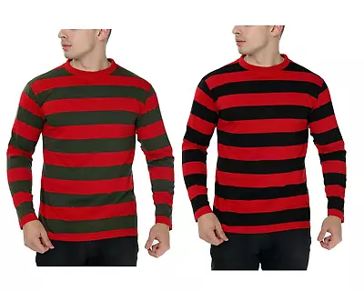 Buy Unisex Cotton Striped T-Shirts Full Sleeves Crew Neck Fancy Tops Black Red Green • 8.41£