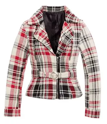 Buy Womens Check Biker Jacket Ladies Coat Size 8 10 12 14 Red Cream New • 6.95£