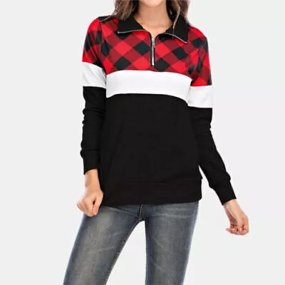 Buy Womens Long Sleeve Check Tartan Shirt Blouse Zip Causal Sweatshirt Tops Pullover • 9.29£