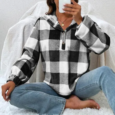 Buy Womens Hooded Hoodies Tartan Sweatshirt Tops Plaid Check Blouse Pullover Size 12 • 19.19£
