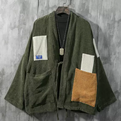 Buy Men Corduroy Kimono Cardigan Jacket Tops Loose Japanese Coat Patchwork Casual • 32.99£