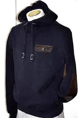 Buy Mens Gio-Goi Pullover Hoodie Size M 22 P2P Navy Dark-Blue Leather Elbow Patches • 3.99£