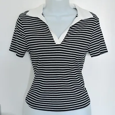 Buy BNWOT New Look 8 10 Black White Cropped Contrast Collar Striped T-Shirt Top • 2.50£