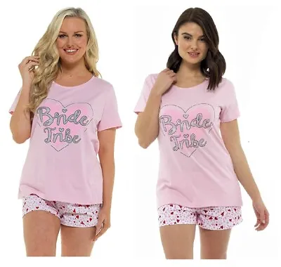 Buy Ladies Cotton PJs BRIDE TRIBE Hen Do  Wedding Pyjamas Pink T-Shirt Top & Shorts • 9.25£