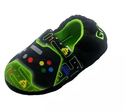 Buy Boys Slippers Gamer Gaming Full Black Green Slip On Child Size 8 - 2 • 6.99£