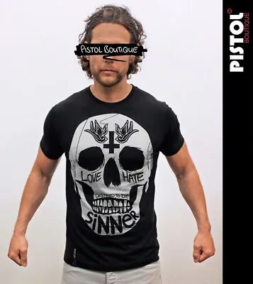 Buy Pistol Boutique Mens Black Standard Fit Crew Neck SINNER LOVE HATE SKULL T-shirt • 22.49£
