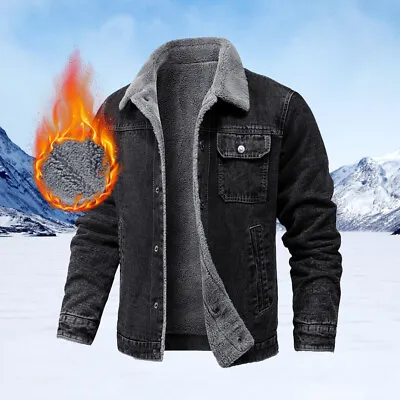 Buy Mens Winter Warm Fleece Lined Denim Jacket Jean Coat Trucker Sherpa Fur Collar • 24.19£