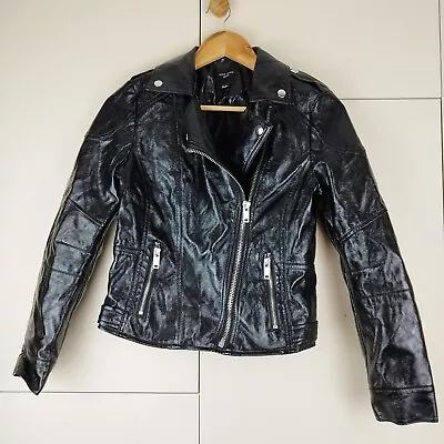 Buy New Look Black Faux Leather Jacket Biker PU Zip Size 8 Petite Shiny • 8£