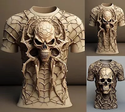 Buy New Men's 3d Skull Spider T Shirt Stretch Crew Neck Printed Front & Reverse • 16.99£