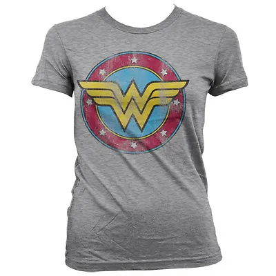 Buy Official DC Comics Ladies Wonder Woman Distressed Logo Grey T-Shirt - Fitted Tee • 12.95£