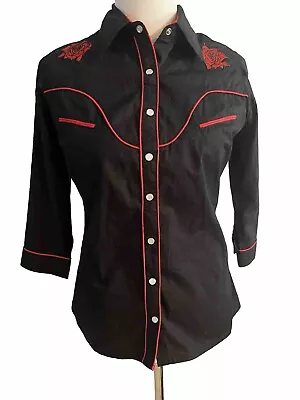 Buy Hell Bunny Women Small Blouse Black Red Embroidered Button Up Western • 12.06£