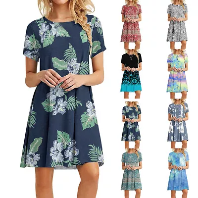 Buy Womens Printed T Shirt Dress Ladies Short Sleeve Holiday Beach Casual Mini Dress • 2.99£