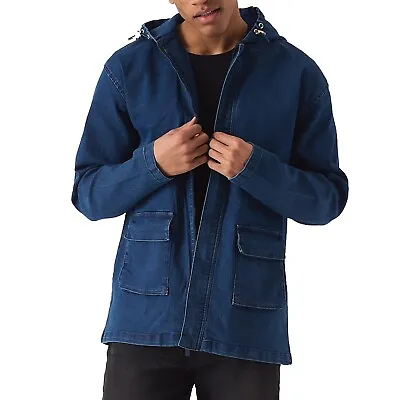 Buy Mens Cargo Jacket Blue Denim Hooded Cotton Zip Up Long Sleeve Coat UK All Sizes • 31.99£