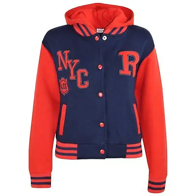 Buy Kids Girls Boys Navy & Red Baseball Hooded R Fashion NYC Jacket Varsity Coat • 11.99£
