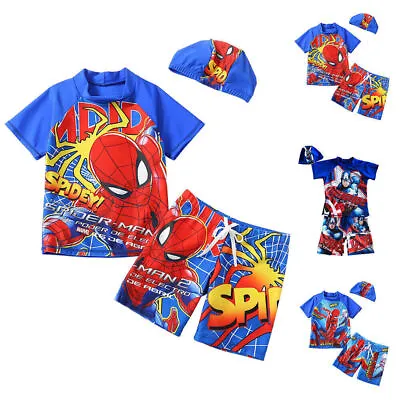 Buy Child Boys Spiderman Swimwear  Swimsuit Swim T Shirt Shorts Swimming Cap Hat Set • 12.49£