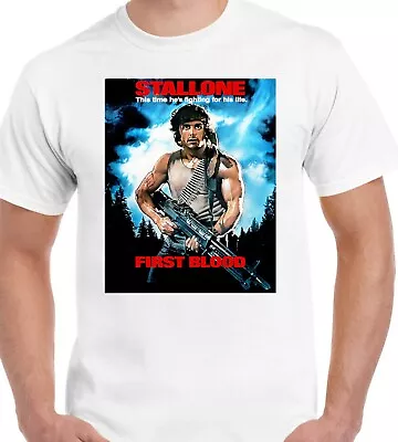 Buy T-Shirt Men's Retro Movie Poster Inspired Rambo First Blood DTG Printed • 6.99£