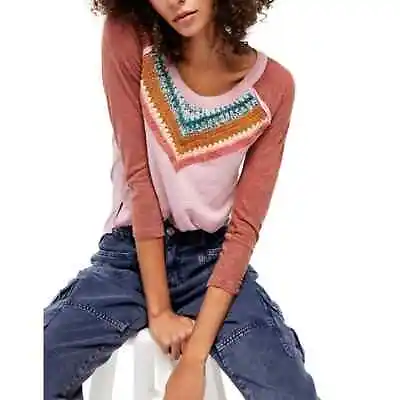 Buy Free People Spring Bound Crochet Raglan T-Shirt Medium • 37.79£