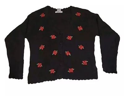 Buy Victoria Jones Black Poinsettia Beaded Christmas Cardigan Holly Sz L • 22.51£