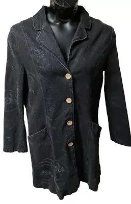 Buy Vtg TravelSmith Long Black Denim Jean Jacket Pockets Stretch Embroidered Sz L • 42.89£