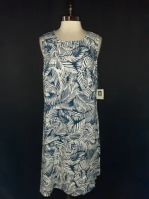 Buy NEW ANNE KLEIN Sz 14 Shift Dress Blue White Leaves Sleeveless Linen Knee Length • 38.60£