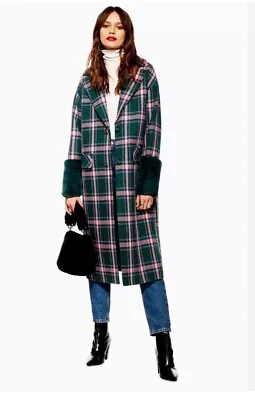 Buy TOP SHOP Check MIDI Green UK8 Coat Faux Fur Sleeves Pink Fashionable E1612 • 29.99£