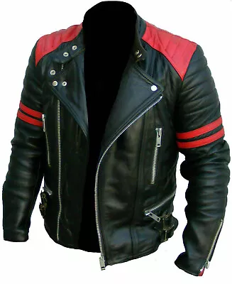 Buy Men Vintage Red Black Classic Biker Vintage Retro Motorcycle Real Leather Jacket • 25.88£