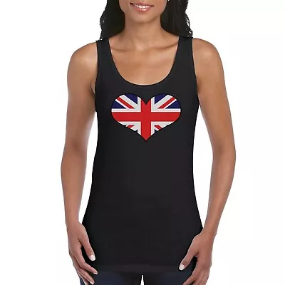 Buy Union Jack UK Love Heart Girls Women's Ladies Tank Top Vest T Shirt Black • 9.99£