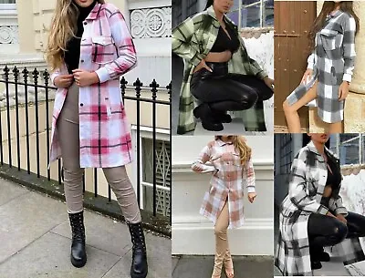 Buy Womens Check Fleece Casual Longline Top Shirt Coat Oversize Baggy Shacket Jacket • 18.90£