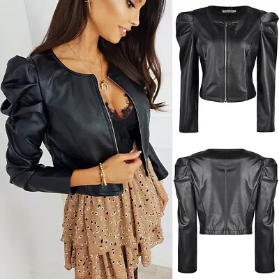 Buy Womens Faux Leather Biker Jacket Tops Ladies Puff Sleeve Bomber Zip Cropped Coat • 7.19£