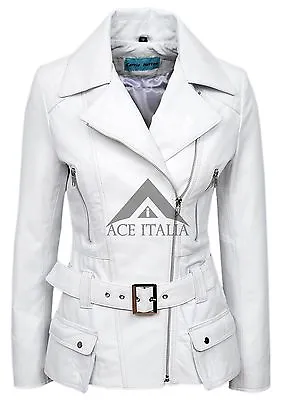 Buy 'FEMININE' Ladies Leather Jacket White Belted Chic Rock Real Leather Jacket 2812 • 95.79£