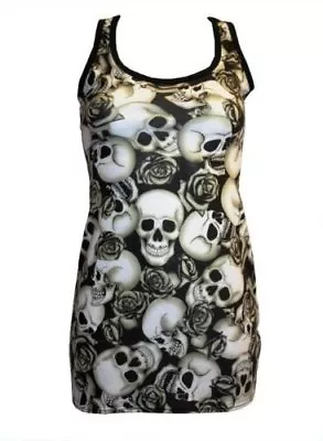 Buy Black & White Skulls Roses Shaded Tattoo Print Long Vest Tank Top Goth Punk Emo • 21.99£