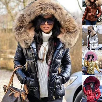 Buy Womens Winter Warm Quilted Padded Parka Short Fur Collar Hooded Coat Jacket • 23.99£