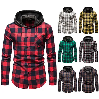 Buy Men's Long Sleeve Hooded Shirt Plaid Tee Casual Baggy Flannel T-shirts Hoodie • 32.99£
