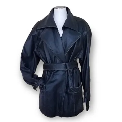 Buy VTG Goth 80s Rocker Black Leather Jacket Big Shoulder Belted Wrap Coat Distressd • 22.61£