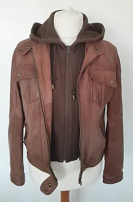 Buy NEXT - REAL LEATHER Jacket Removable Brown Fleece Hood Tan Soft Size 12 • 49.99£