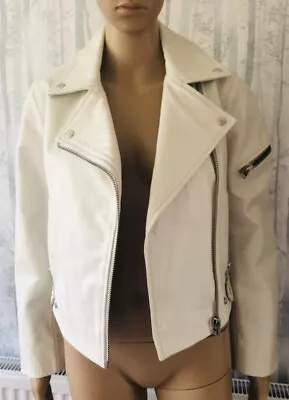 Buy Leather Jacket Women Size 10 New Look Off White  Lightly Worn Zip Closure Vgc • 29.99£