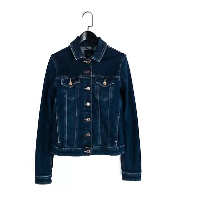 Buy NEXT Blue Dark Wash Button Up Collared Fitted Stretch Denim Jacket - Size 10 • 20£