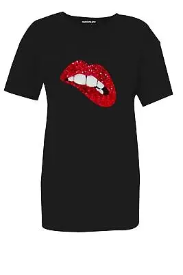 Buy Womens Ladies Glitter Lips Print Short Sleeve Baggy Oversized Summer T-Shirt Top • 5.15£