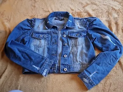 Buy Womens Denim Jacket Jeans Stretch Puff Sleeve Blue Size 8 • 10£