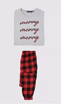 Buy GREY AND RED MERRY CHECK WOMENS LONG SLEEVE MATCHING FAMILY CHRISTMAS PJ SET  Si • 9.99£