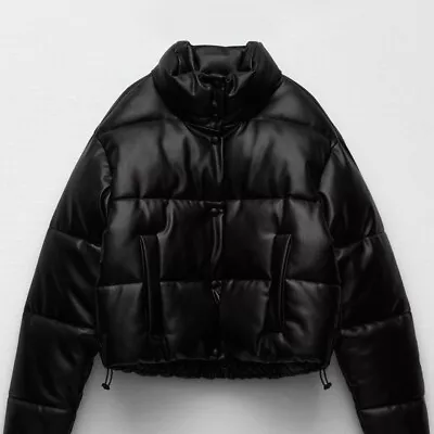 Buy Zara Black Vegan Leather Cropped Puffer Jkt S • 45£
