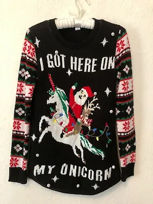 Buy Christmas Sweater Womens Sz M 7-9  Santa I Got Here On My Unicorn Lights Up • 21.78£
