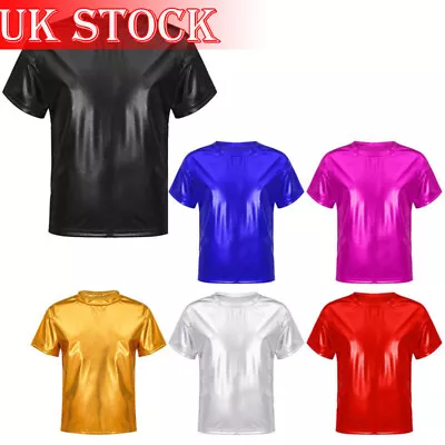 Buy Kid T-shirt Girls Boys Metallic Shiny Dance Top Glitter Loose Round Neck T-Shirt • 10.82£
