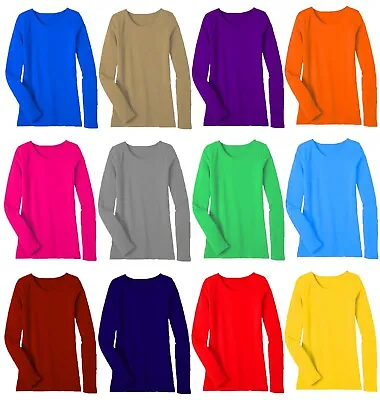 Buy Womens Ladies Long Sleeve Stretch Plain Round Scoop Neck T Shirt Top Assorted... • 7.99£