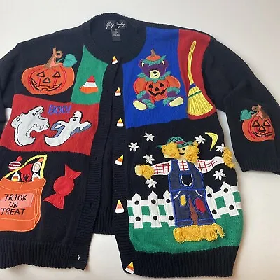 Buy Vintage Halloween Cardigan Sweater M Holiday Trick Or Treat Ghost Pumpkins Candy • 36.45£