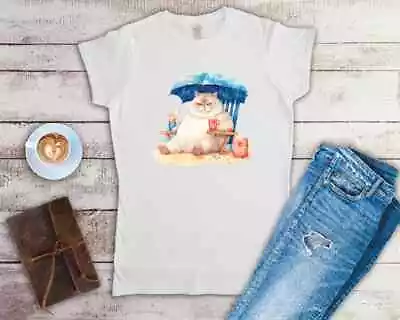 Buy Grumpy Cat On The Beach 7  Designs Ladies Fitted T Shirt Small-2XL 4 Colours • 12.49£
